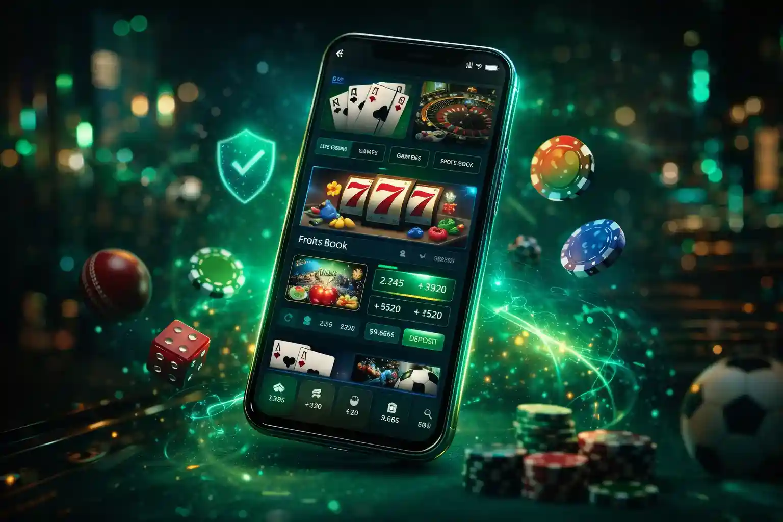 Smartphone showing casino app with slots and sportsbook options