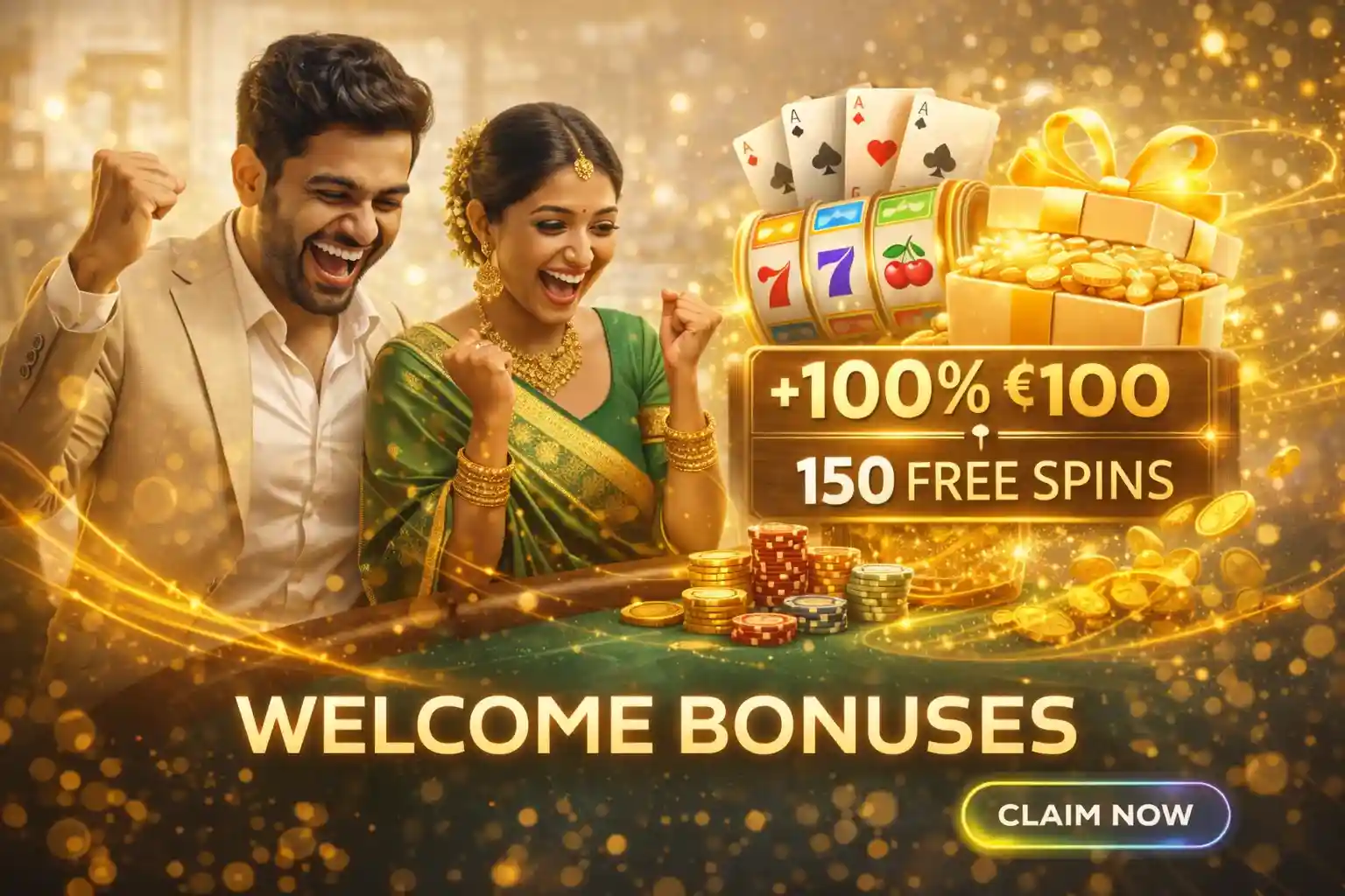 Indian couple celebrating deposit bonus and free spins reward
